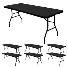 Stretchy Spandex 6FT Black Tablecloth for 6 Foot Folding Tables Rectangular Fit Washable Protective Cover for Parties Weddings Cocktails Banquets Festivals Indoor Outdoor